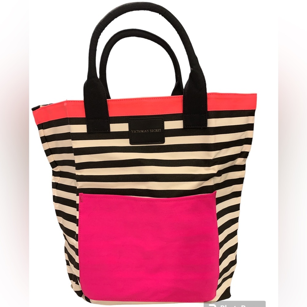Victoria’s Secret Tote Bag in black and white stripes w/ pink accents - Picture 1 of 8